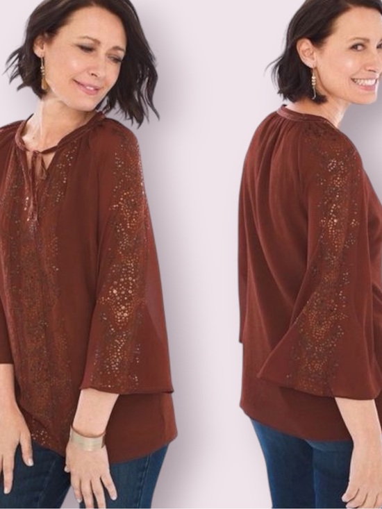 Chico's Tops - Chico's Crinkled Texture Sequins Blouse in Rust
